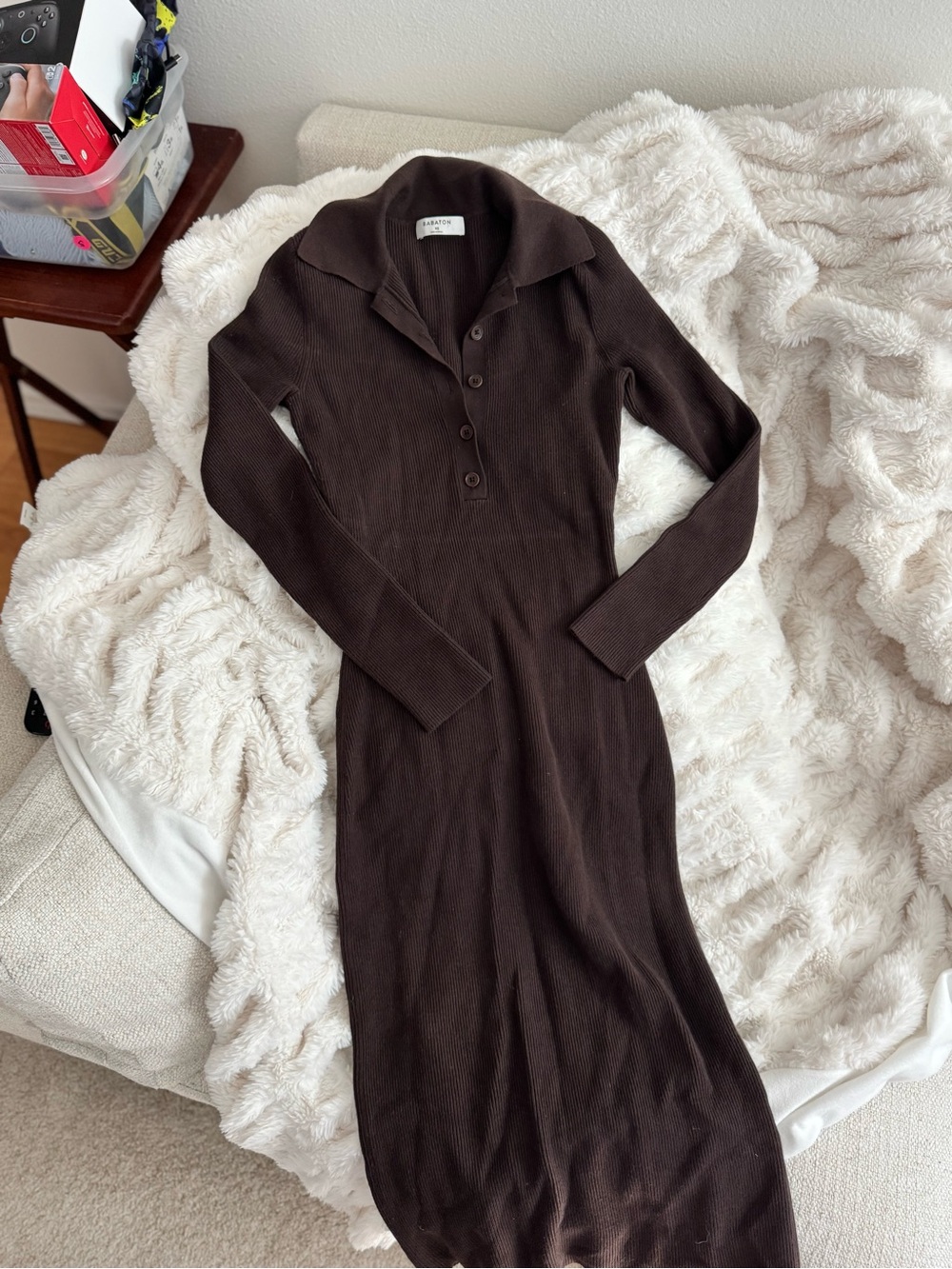 Aritzia Dark Brown Ribbed Long Sleeve Polo Midi Dress